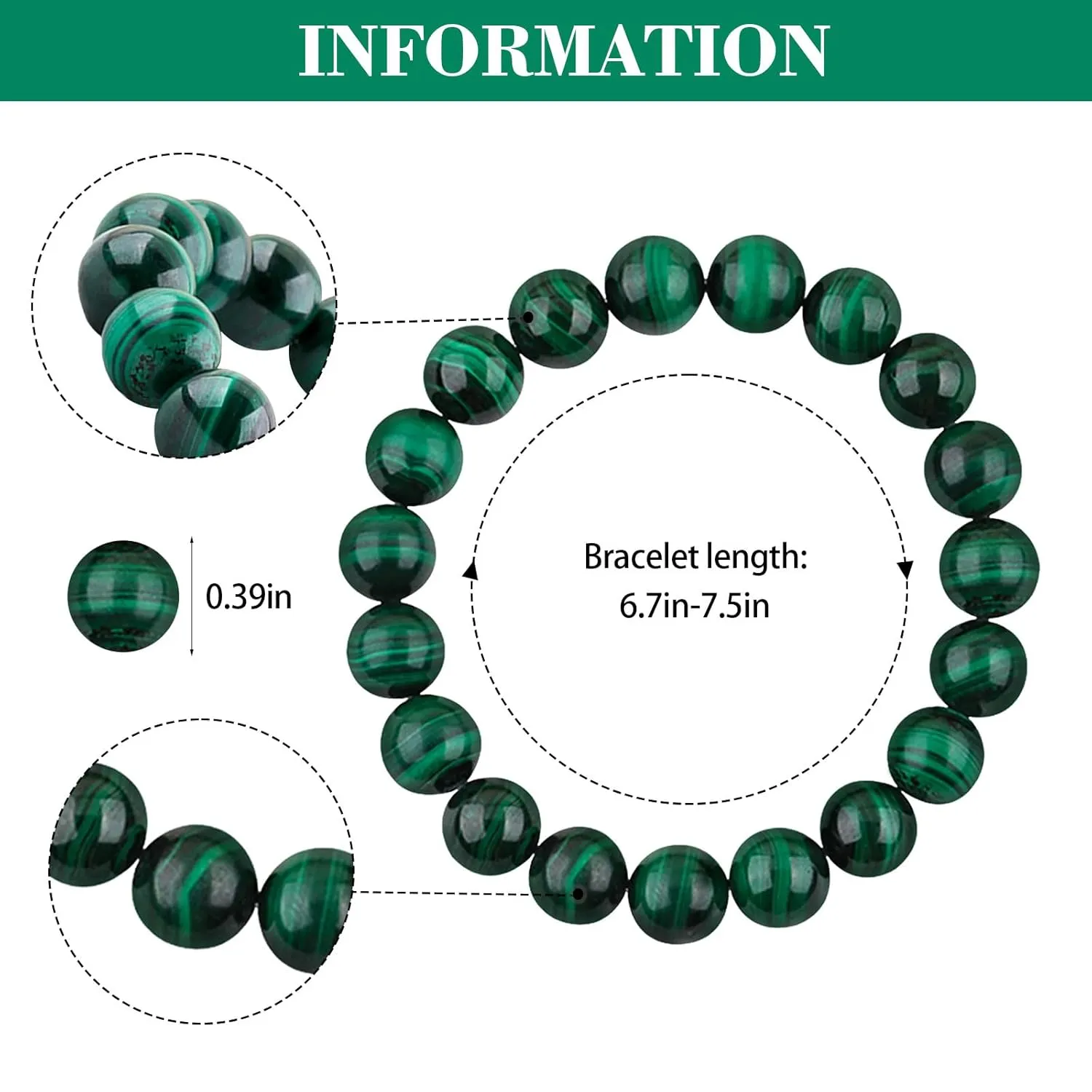 Natural Gemstone Bracelet 10mm Malachite Beaded Bracelets Gemstone Beads Bracelets Healing Bracelets for Women Men and Teens Comes with Bonus Box and Card