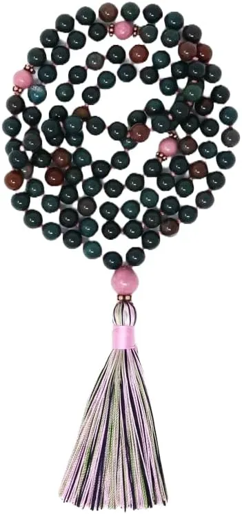 Natural indian bloodstone, rhodonite 8mm 108 Mala Beads, Spiritual, Meditation Beads, Reiki, Japa Mala, Buddhist Prayer Beads, Yoga Bracelet, healing beads LKMALA-RRGU-3976