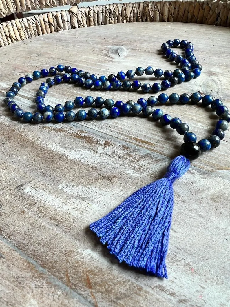 Natural Lapis Lazuli 8mm 108 Mala Beads, Spiritual, Meditation Beads, Reiki, Japa Mala, Buddhist Prayer Beads, Yoga Bracelet, healing beads LKMALA-RRGU-537