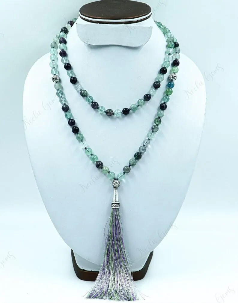 Natural Multi Fluorite 8mm 108 Mala Beads, Spiritual, Meditation Beads, Reiki, Japa Mala, Buddhist Prayer Beads, Yoga Bracelet, healing beads LKMALA-RRGU-2800