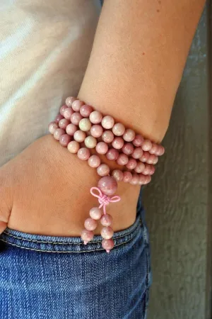 Natural Rhodonite 6mm 108 Mala Beads, Spiritual, Meditation Beads, Reiki, Japa Mala, Buddhist Prayer Beads, Yoga Bracelet, healing beads LKMALA-RRGU-3266, 34 inch, pink