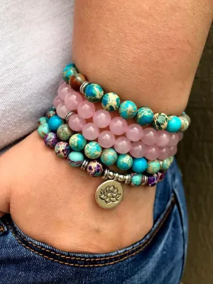Natural Rose quartz, Emperor Jasper and Amazonite 8mm 108 Mala Beads, Spiritual, Meditation Beads, Reiki, Japa Mala, Buddhist Prayer Beads, Yoga Bracelet, healing beads LKMALA-RRGU-3388