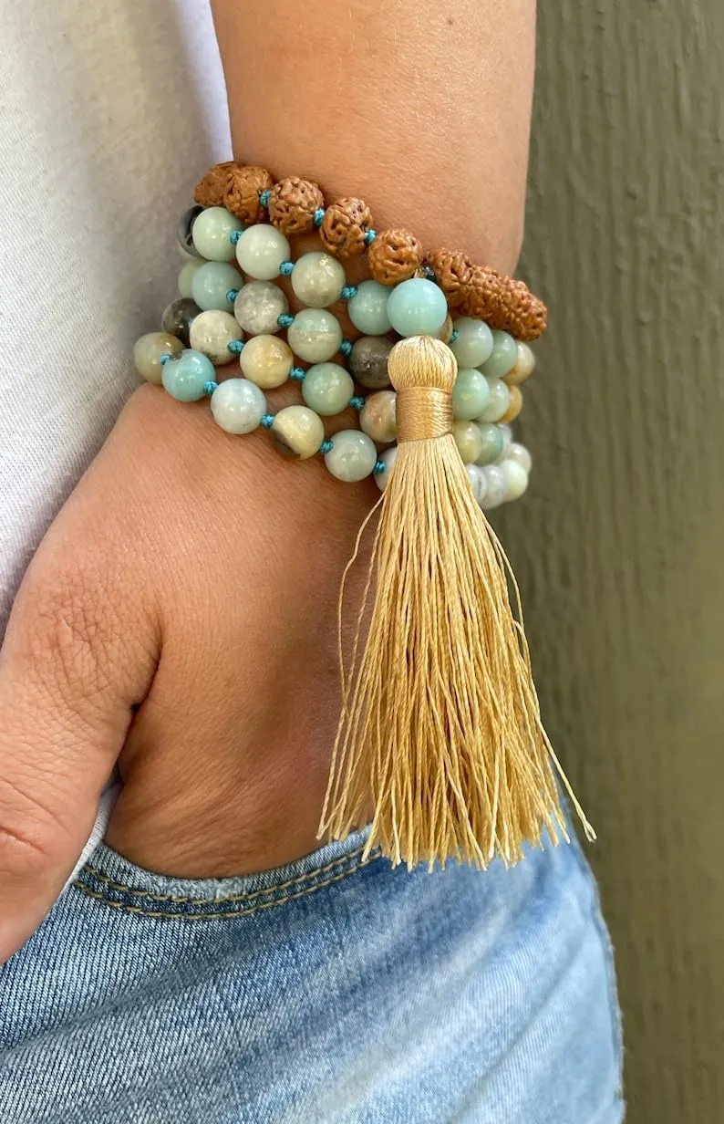 Natural Rudraksha and Amazonite 8mm 108 Mala Beads, Spiritual, Meditation Beads, Reiki, Japa Mala, Buddhist Prayer Beads, Yoga Bracelet, healing beads LKMALA-RRGU-2444