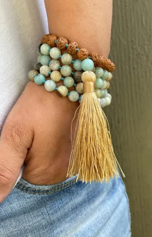 Natural Rudraksha and Amazonite 8mm 108 Mala Beads, Spiritual, Meditation Beads, Reiki, Japa Mala, Buddhist Prayer Beads, Yoga Bracelet, healing beads LKMALA-RRGU-2444