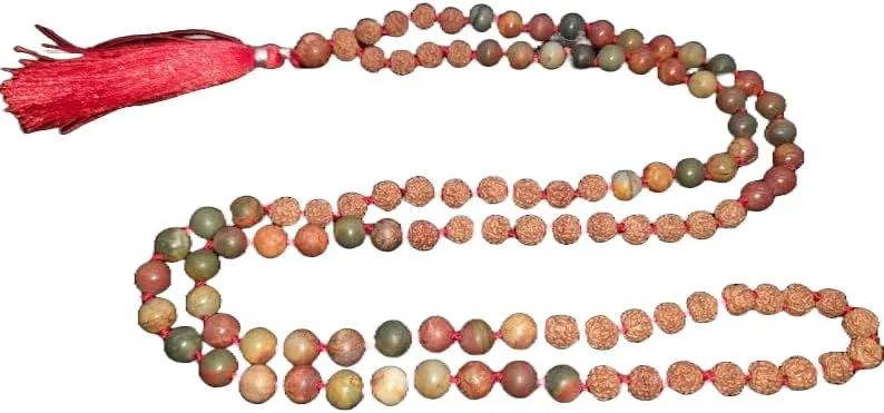 Natural Rudraksha with Picasso Jasper 8mm 108 Mala Beads, Spiritual, Meditation Beads, Reiki, Japa Mala, Buddhist Prayer Beads, Yoga Bracelet, healing beads LKMALA-RRGU-3163