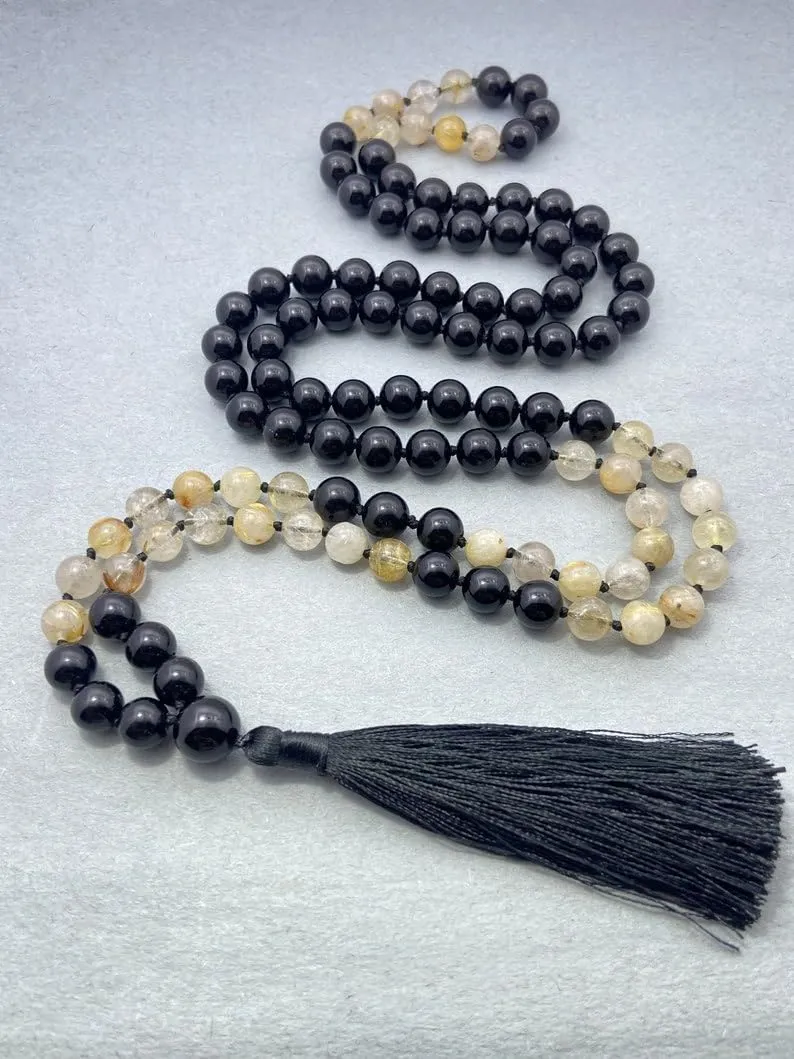 Natural Rutile & Obsidian 8mm 108 Mala Beads, Spiritual, Meditation Beads, Reiki, Japa Mala, Buddhist Prayer Beads, Yoga Bracelet, healing beads LKMALA-RRGU-3624