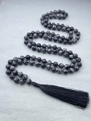 Natural Snowflake Obsidian 8mm 108 Mala Beads, Spiritual, Meditation Beads, Reiki, Japa Mala, Buddhist Prayer Beads, Yoga Bracelet, healing beads LKMALA-RRGU-3612