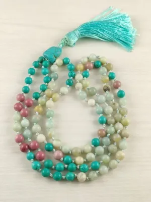 Natural Turquoise, Rhodonite & Amazonite 8mm 108 Mala Beads, Spiritual, Meditation Beads, Reiki, Japa Mala, Buddhist Prayer Beads, Yoga Bracelet, healing beads LKMALA-RRGU-3591