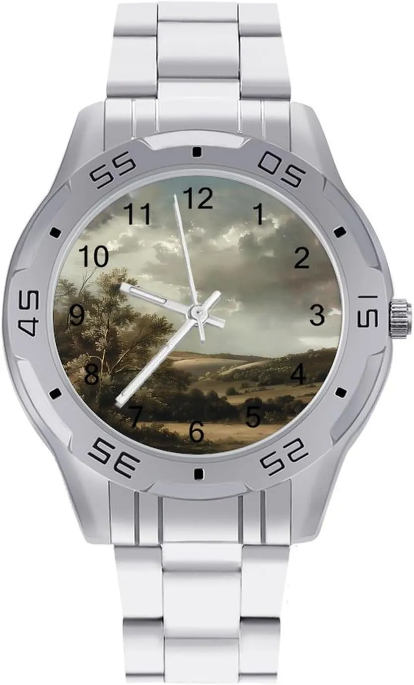 Nature Grassland Wilderness Classic Wrist Watches for Men Casual Business Dress Watch with Stainless Steel Band Work Party