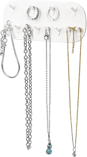 Necklace Holder Wall Mounted, Hanging Necklace Holder Necklace Organizer Adhesive Plastic Necklaces Hanger with 6 Jewelry Hooks for Necklaces, Bracelets, Earrings, Keys, White