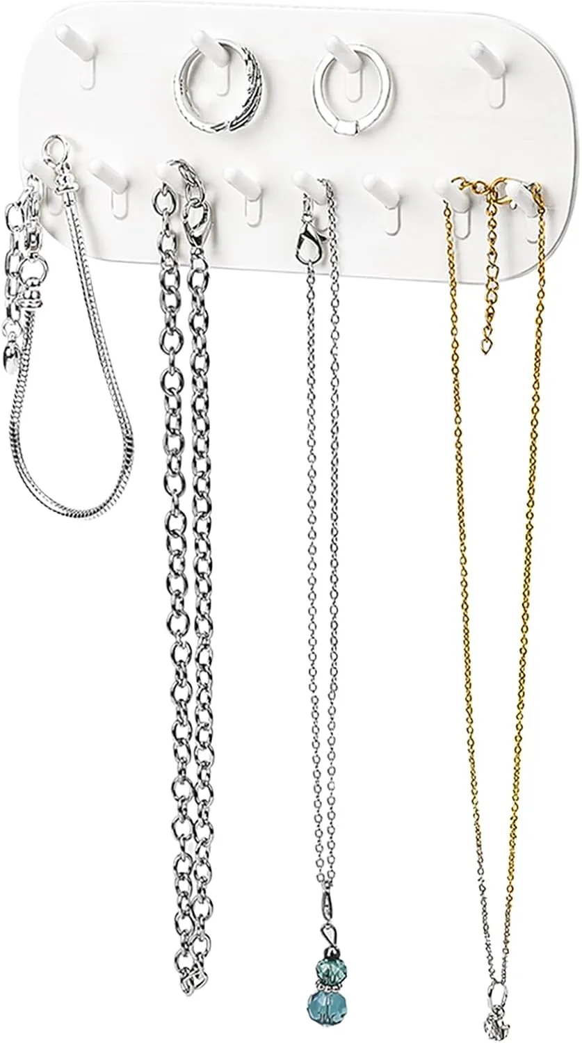 Necklace Holder Wall Mounted, Hanging Necklace Holder Necklace Organizer Adhesive Plastic Necklaces Hanger with 6 Jewelry Hooks for Necklaces, Bracelets, Earrings, Keys, White