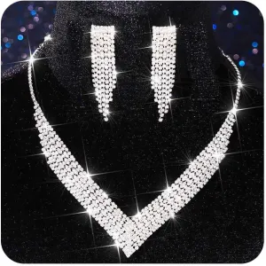 Nicute Rhinestone Necklace Jewelry Set Silver Necklace Earrings Set Crystal Wedding Set for Women
