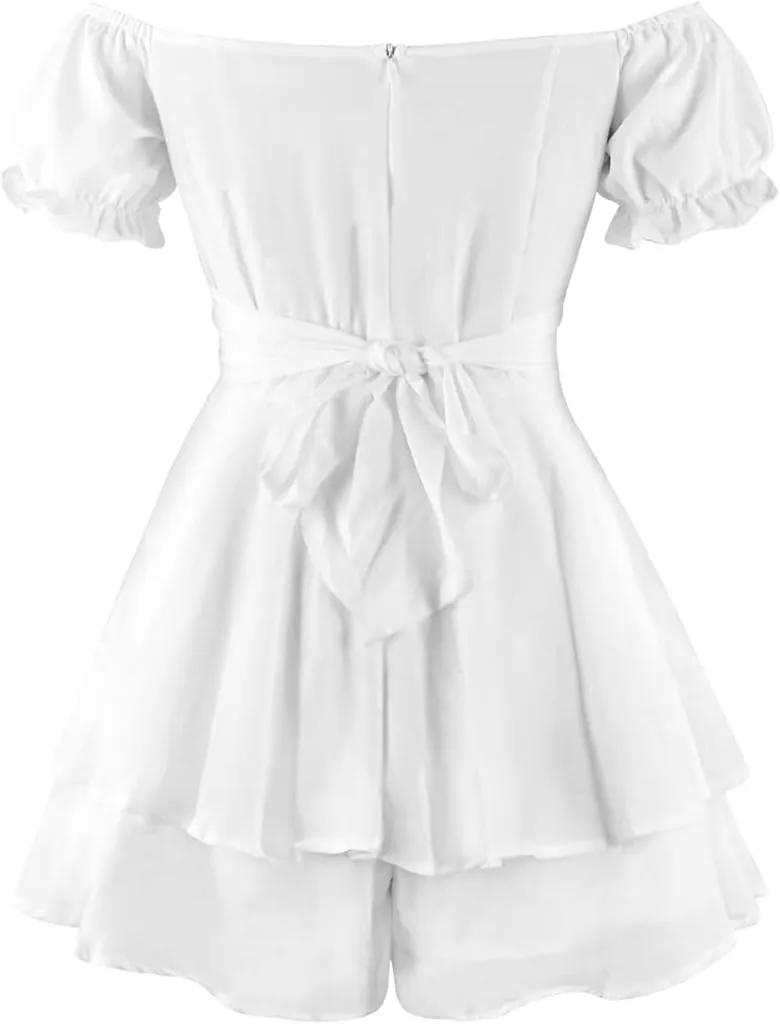 OBEEII Boho Romper for Women Off Shoulder Ruffle Chiffon Shorts Jumpsuit Playsuit Flowy Casual Summer Mini Dress