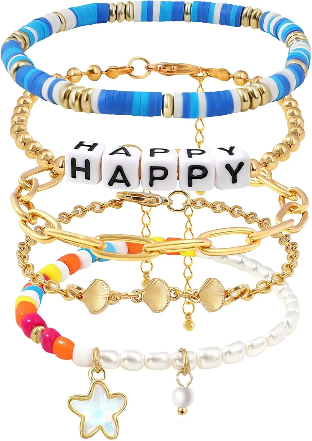 Ocean Shell Link Bracelets Set for Women, 5Pcs Stackable Pearl Starfish Seashell Charm Bracelets with HAPPY Letter Colorful Seed Beads Blue Clay Ball Beads Paperclip Chain Summer Trendy Jewelry Gift
