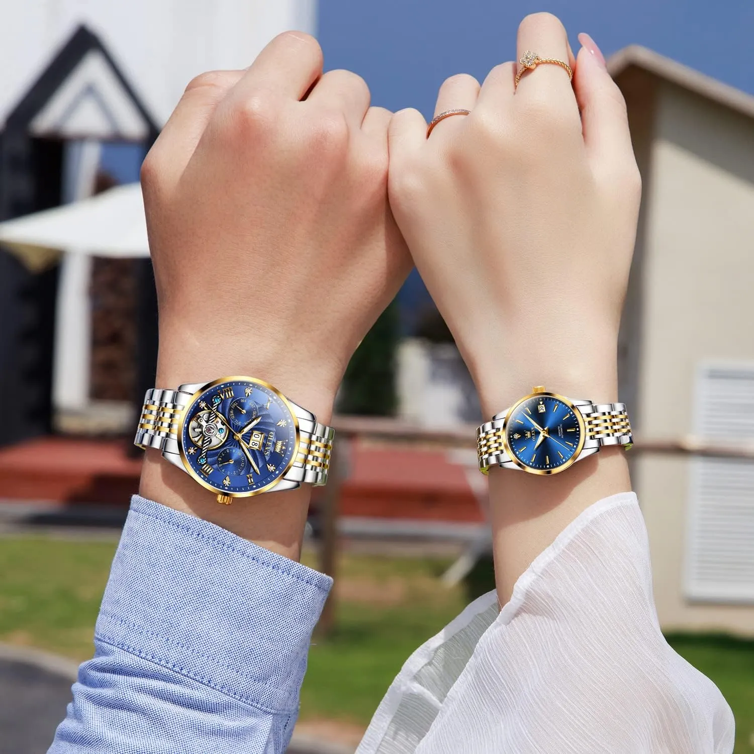OLEVS Couple Pair Watches Set Automatic Mechanical Self Winding Dress Matching Watch for His and Hers Gifts