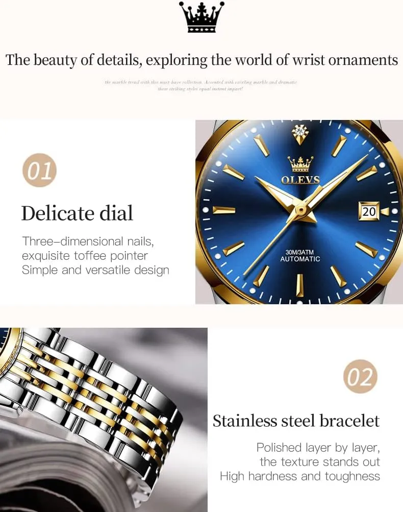 OLEVS Couple Pair Watches Set Automatic Mechanical Self Winding Dress Matching Watch for His and Hers Gifts
