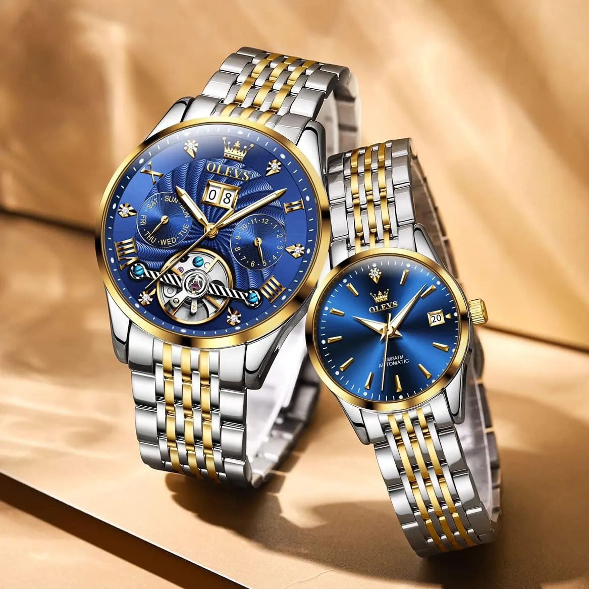 OLEVS Couple Pair Watches Set Automatic Mechanical Self Winding Dress Matching Watch for His and Hers Gifts