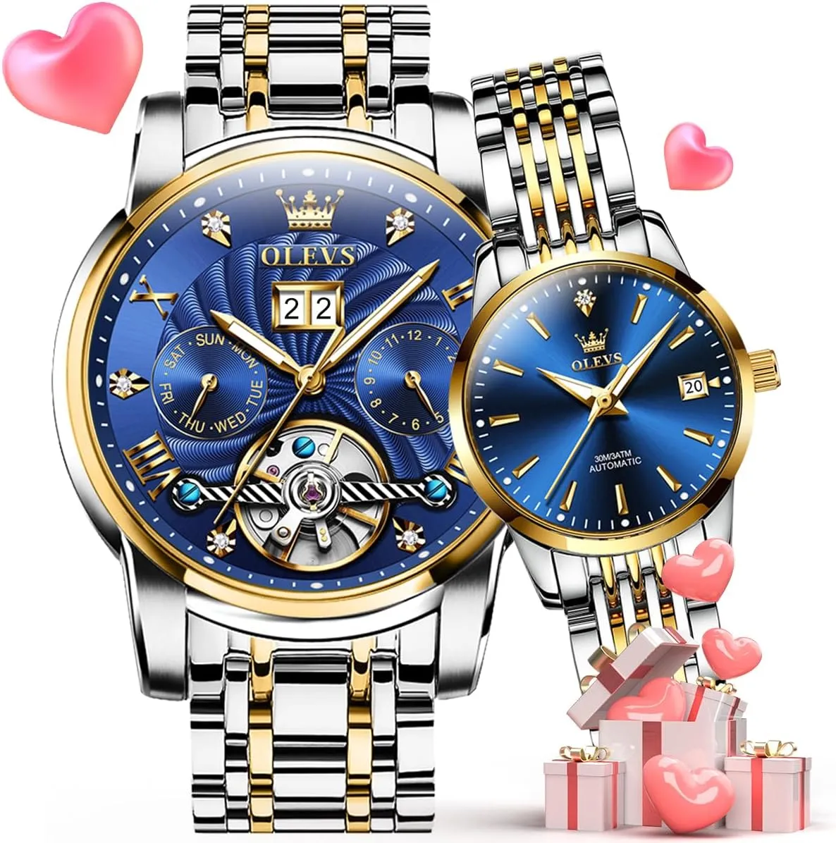 OLEVS Couple Pair Watches Set Automatic Mechanical Self Winding Dress Matching Watch for His and Hers Gifts