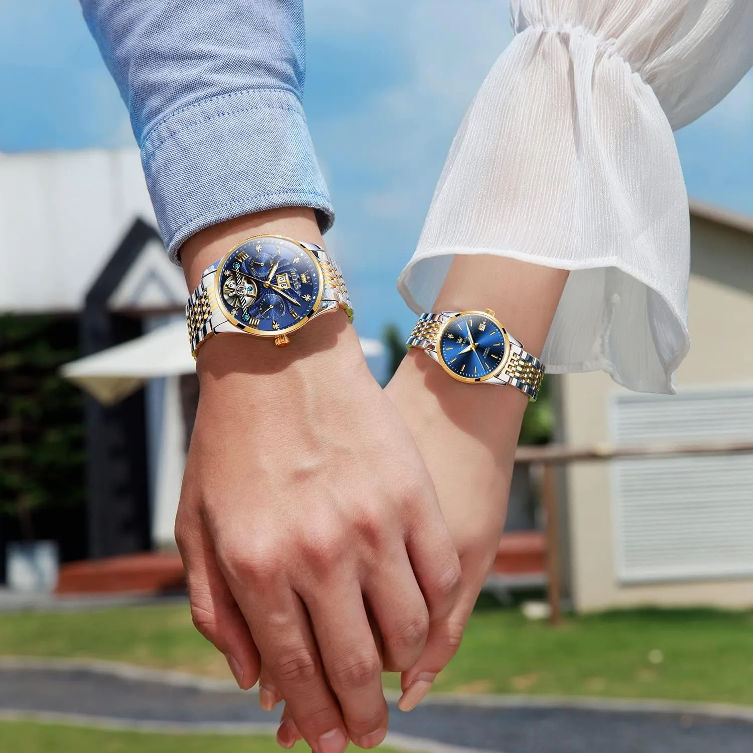 OLEVS Couple Pair Watches Set Automatic Mechanical Self Winding Dress Matching Watch for His and Hers Gifts