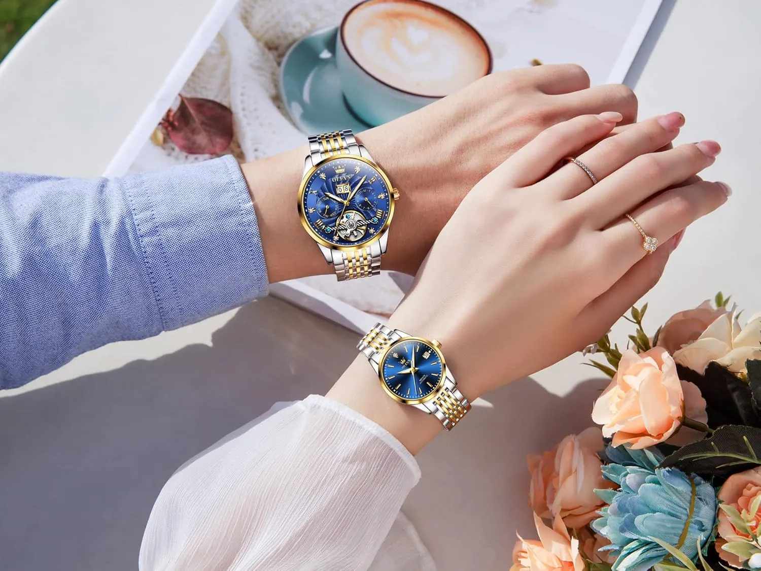 OLEVS Couple Pair Watches Set Automatic Mechanical Self Winding Dress Matching Watch for His and Hers Gifts