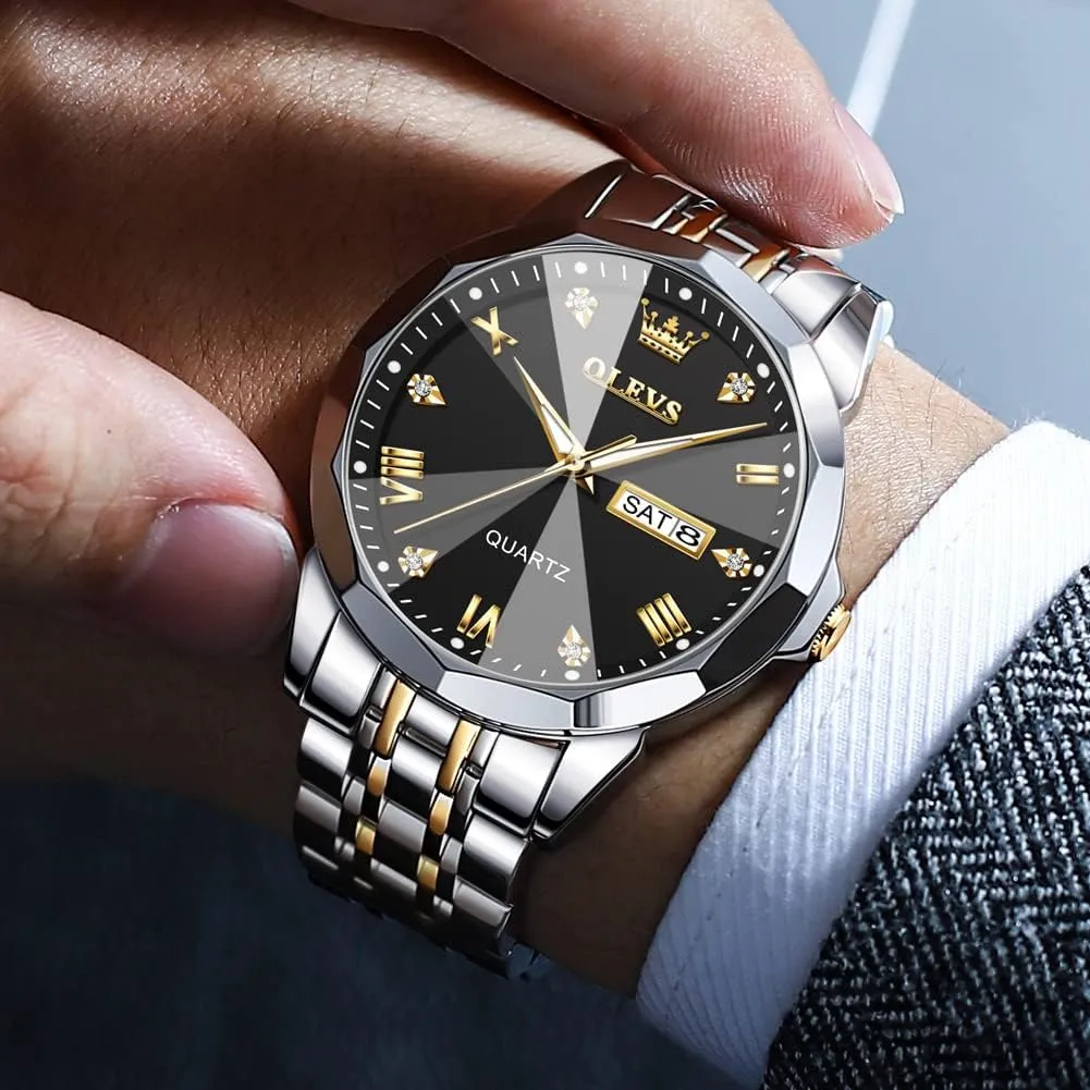 OLEVS Mens Watches Large Face Watch for Men Casual Stainless Steel Diamond Analog Quartz Waterproof Date Dress Men's Wrist Watch
