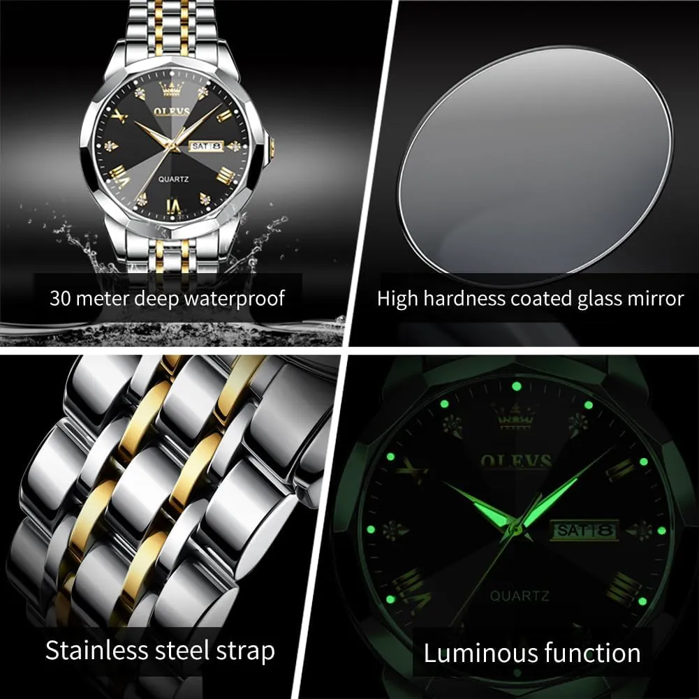 OLEVS Mens Watches Large Face Watch for Men Casual Stainless Steel Diamond Analog Quartz Waterproof Date Dress Men's Wrist Watch