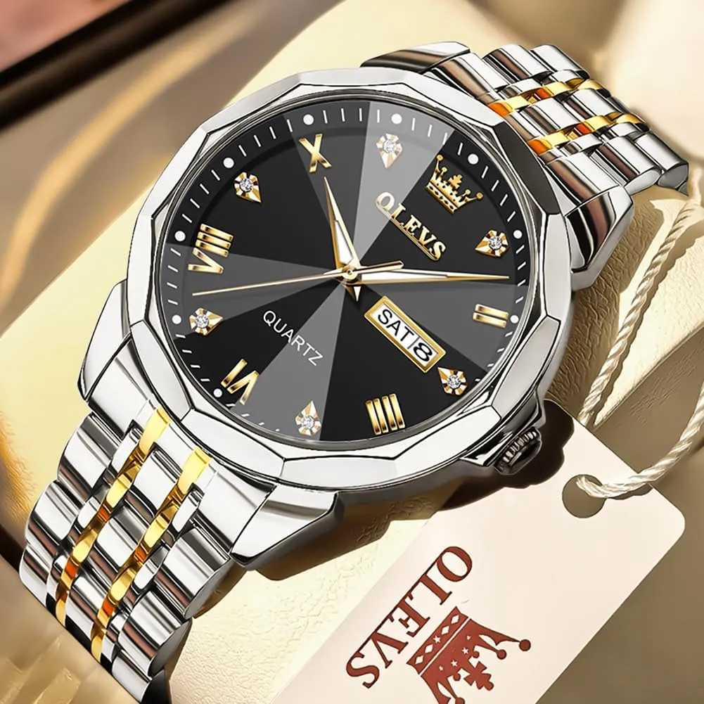OLEVS Mens Watches Large Face Watch for Men Casual Stainless Steel Diamond Analog Quartz Waterproof Date Dress Men's Wrist Watch