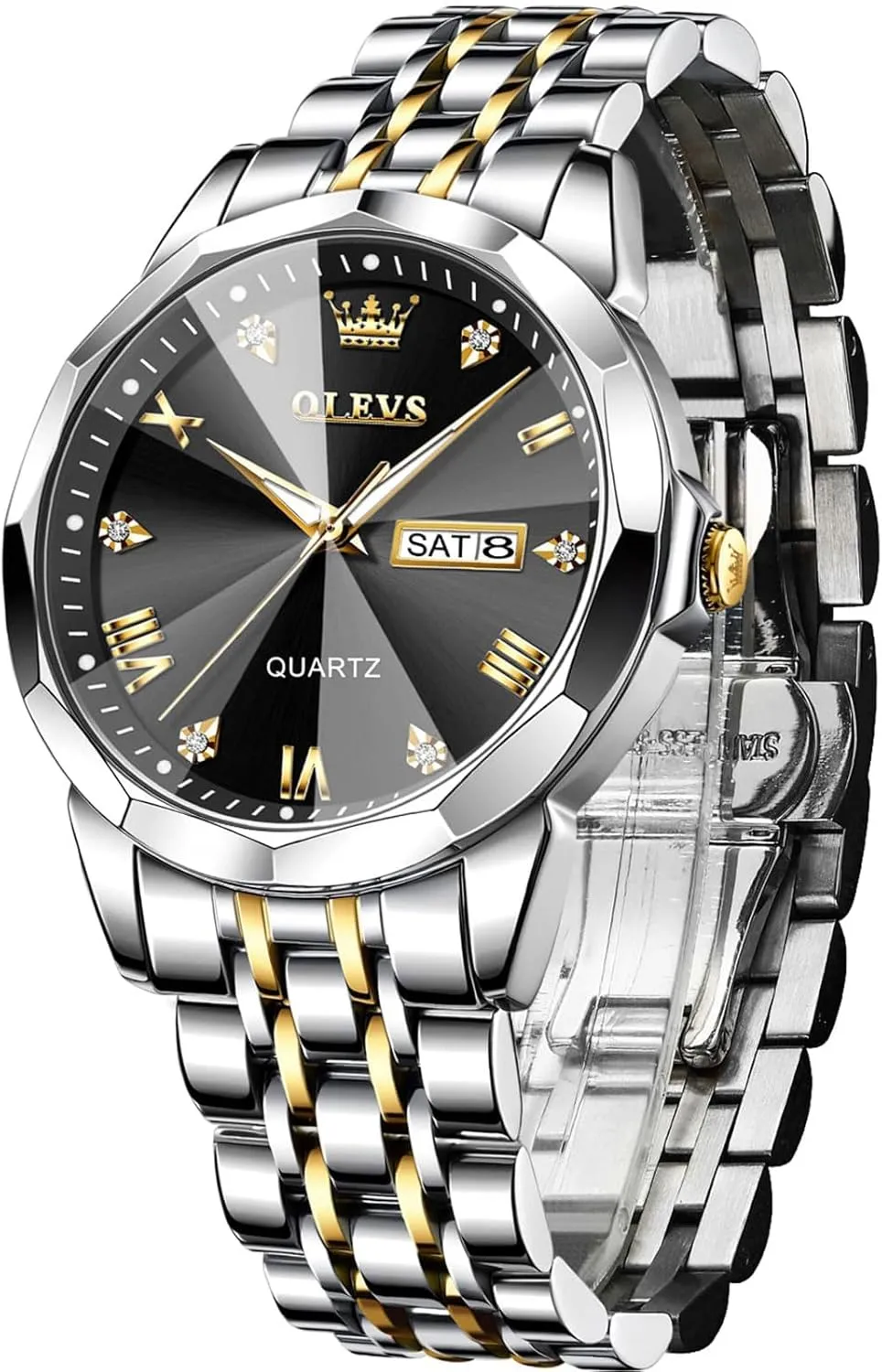 OLEVS Mens Watches Large Face Watch for Men Casual Stainless Steel Diamond Analog Quartz Waterproof Date Dress Men's Wrist Watch