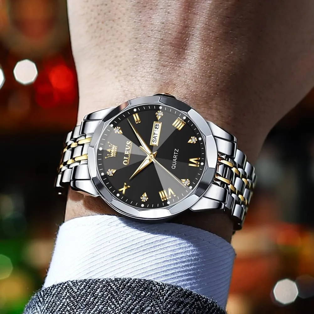 OLEVS Mens Watches Large Face Watch for Men Casual Stainless Steel Diamond Analog Quartz Waterproof Date Dress Men's Wrist Watch