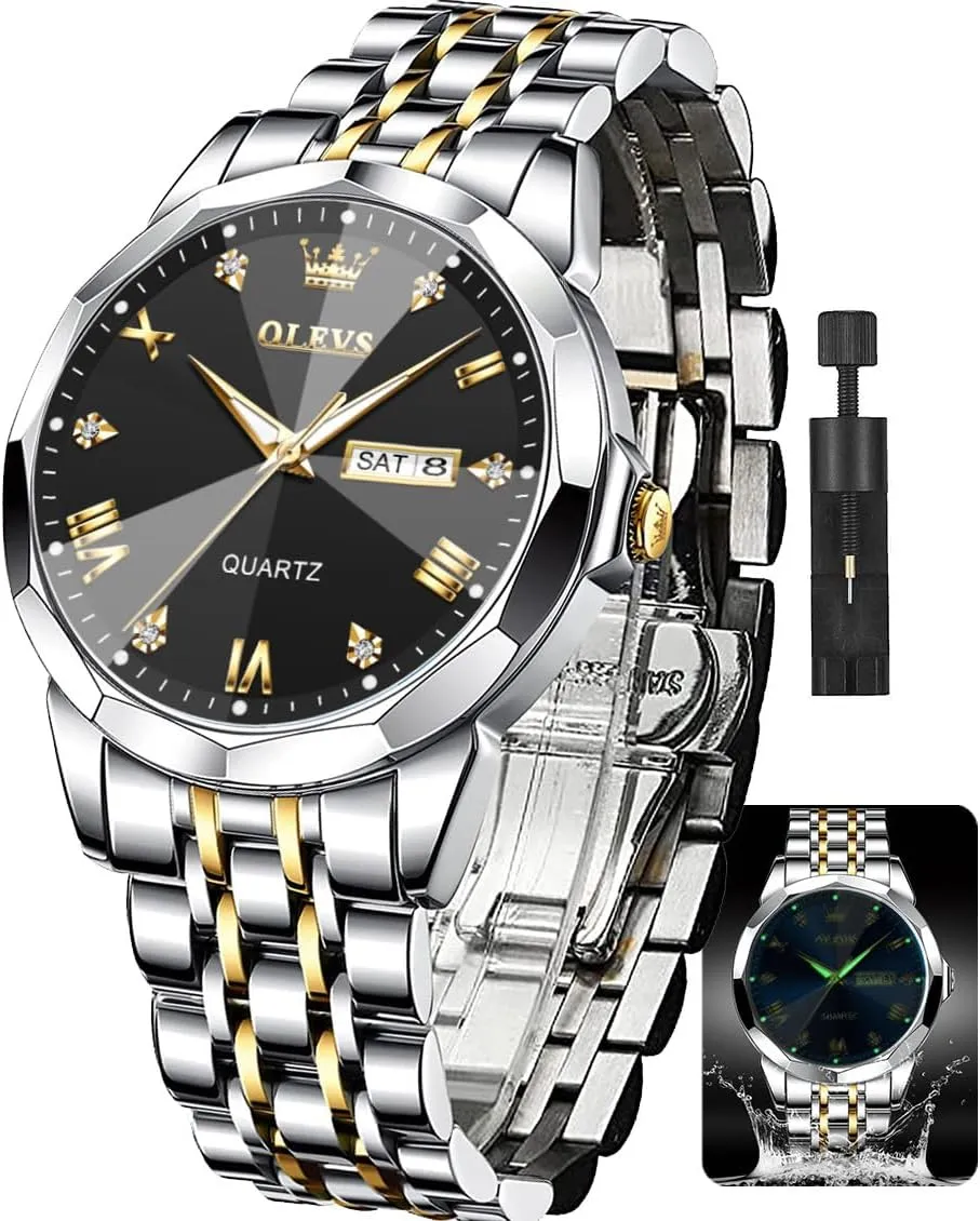 OLEVS Mens Watches Large Face Watch for Men Casual Stainless Steel Diamond Analog Quartz Waterproof Date Dress Men's Wrist Watch
