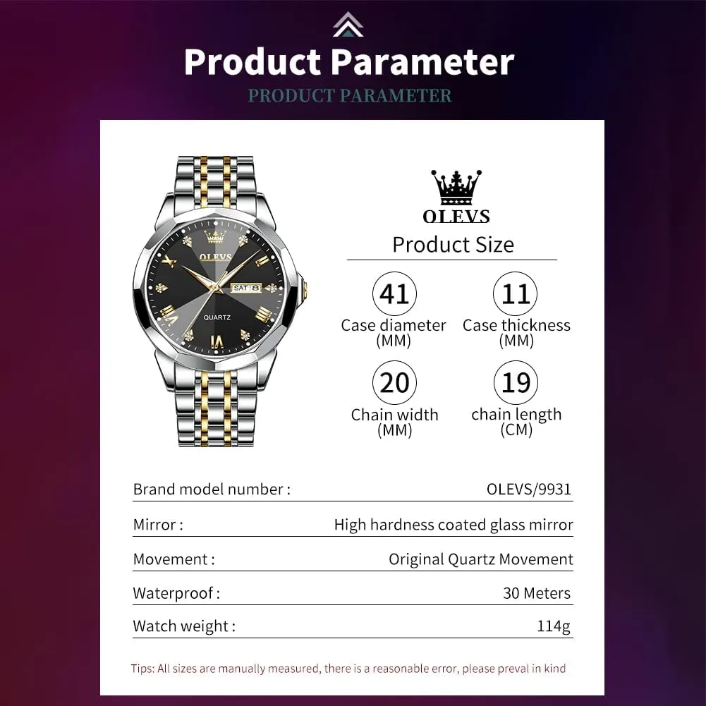 OLEVS Mens Watches Large Face Watch for Men Casual Stainless Steel Diamond Analog Quartz Waterproof Date Dress Men's Wrist Watch