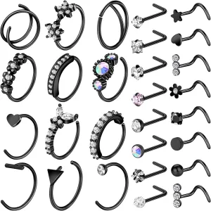 ONESING 9-40 Pcs Nose Rings - Hoops, Studs & L Shape - Hypoallergenic Stainless Steel Nose Piercings for Women & Men