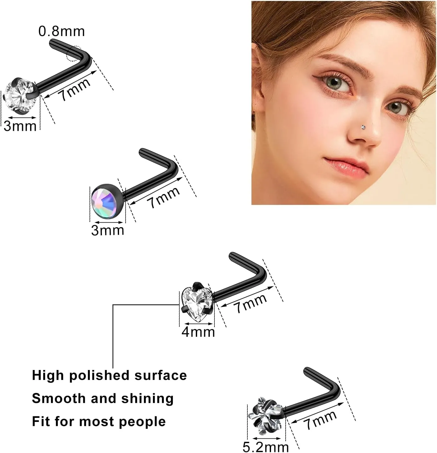ONESING 9-40 Pcs Nose Rings - Hoops, Studs & L Shape - Hypoallergenic Stainless Steel Nose Piercings for Women & Men