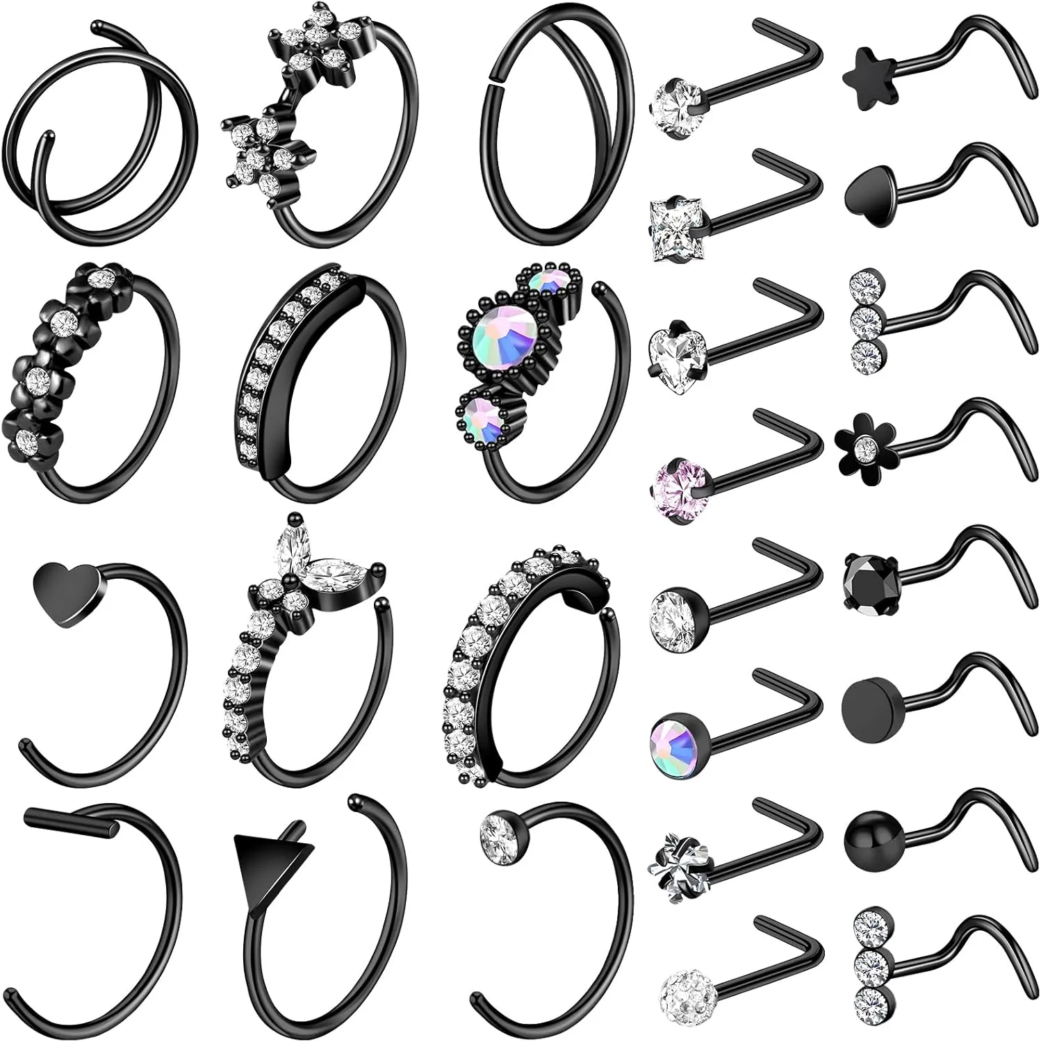 ONESING 9-40 Pcs Nose Rings - Hoops, Studs & L Shape - Hypoallergenic Stainless Steel Nose Piercings for Women & Men
