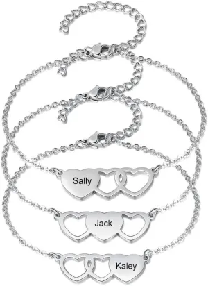 OPALSTOCK Personalized Friendship Name Bracelets 3PC Heart Name Bracelet Sister Touch Bracelets for Best Friends Couple Anklet Link Chain Mother Daughter Bracelets Love Gift