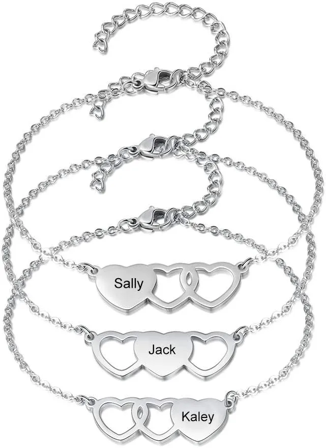 OPALSTOCK Personalized Friendship Name Bracelets 3PC Heart Name Bracelet Sister Touch Bracelets for Best Friends Couple Anklet Link Chain Mother Daughter Bracelets Love Gift