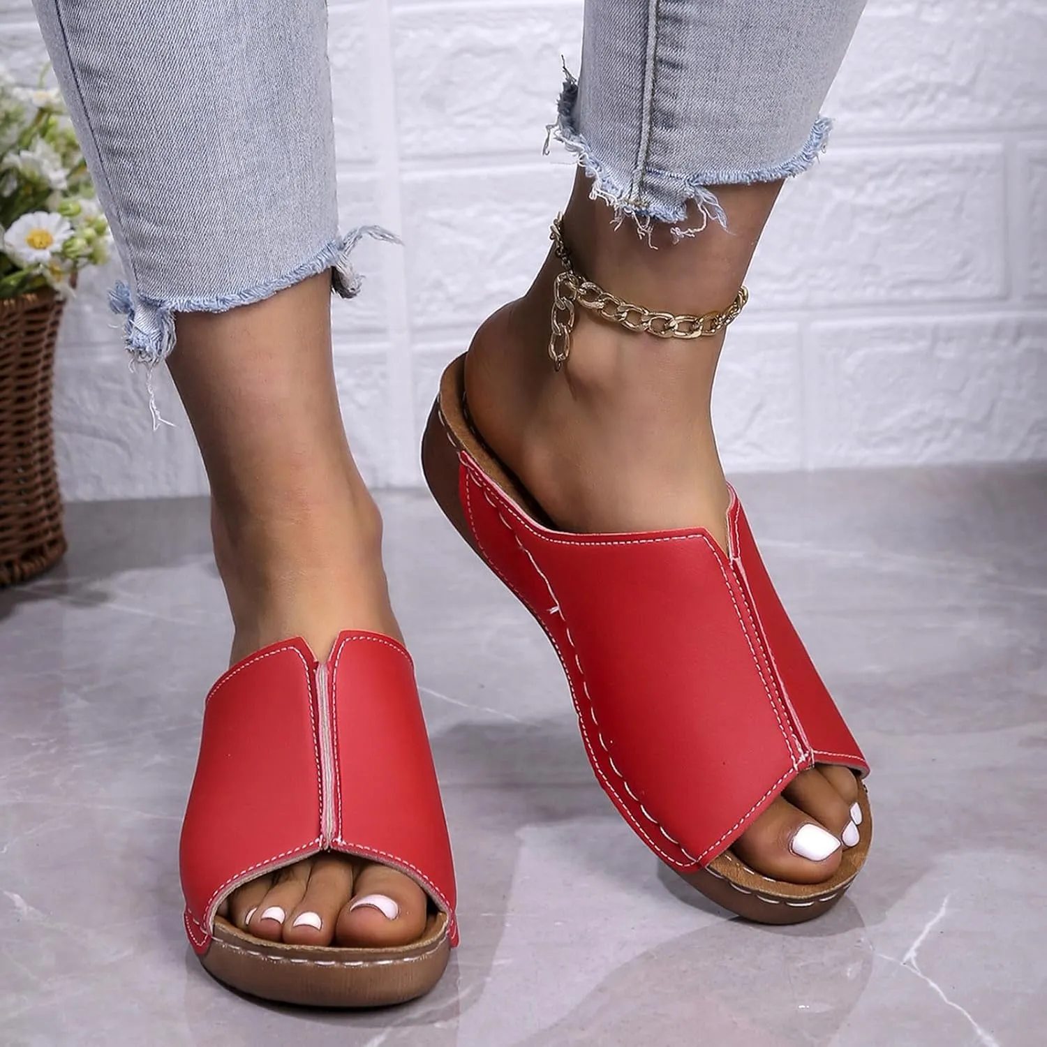 Orthopedic Sandals 2024 New Summer Dressy Leather Orthopedic Wedge Sandals Comfortable Platform Arch Support Slip Sandals