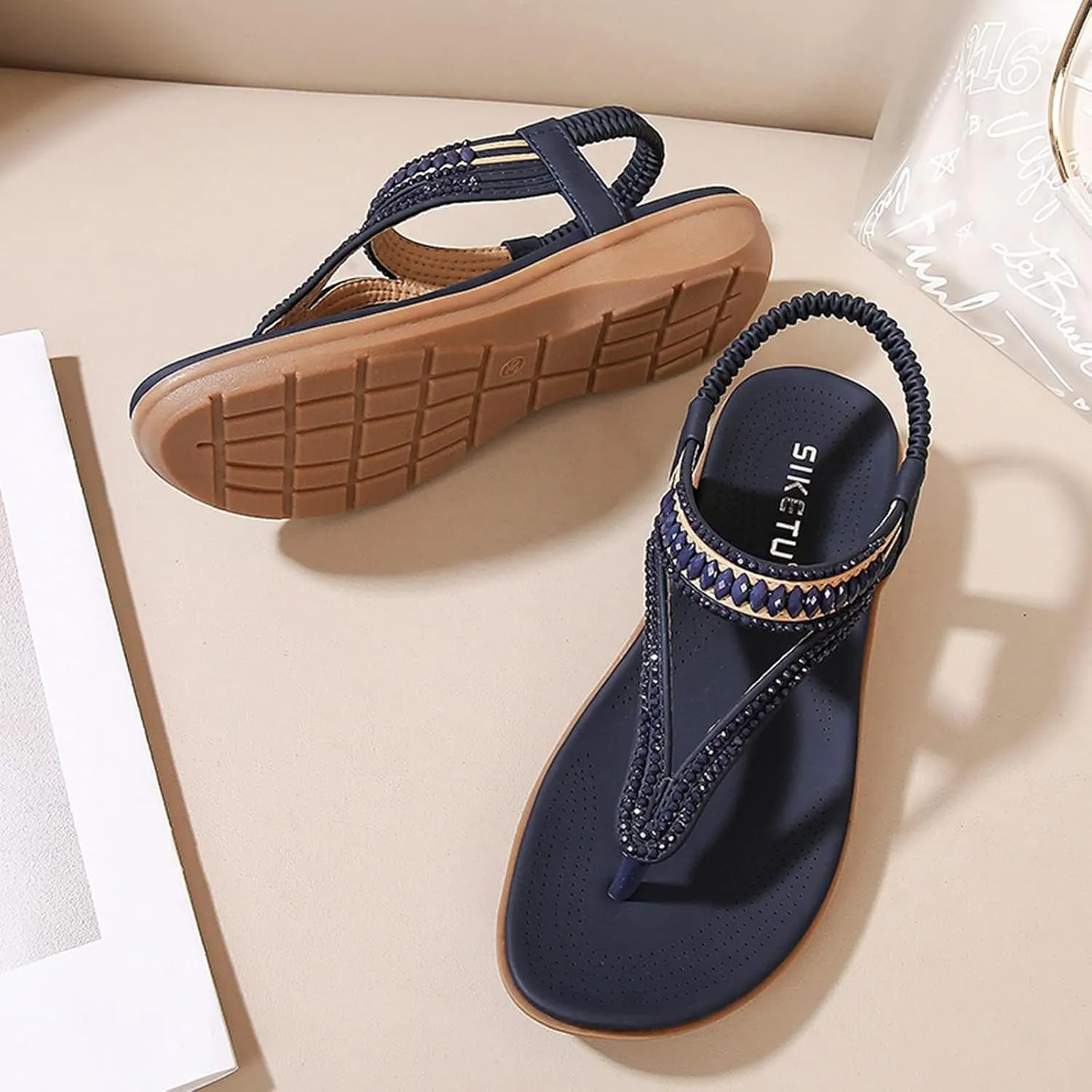 Orthopedic Sandals for Women Arch Support Sandals Women's Fashion Rhinestone Beaded Bohemian Sandal Ankle Strap Slip On Flip Flops Beach Comfortable Platform Shoes