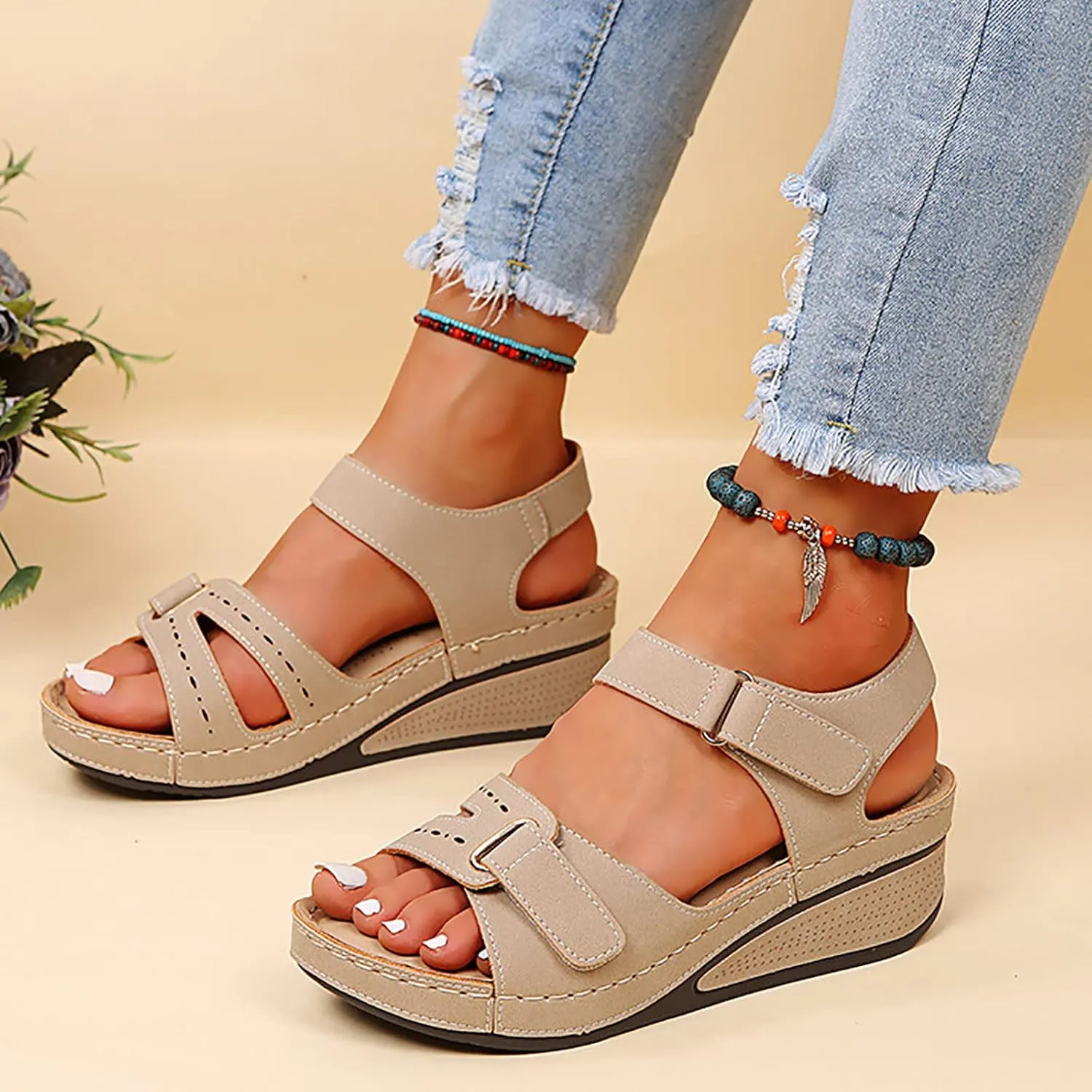 Orthopedic Sandals for Women Arch Support Walking Sandals Dressy Summer Wedge Sandals 2025 Flip Flops Casual Boho Slip on Shoes Comfortable Outdoor Shoes Open Toe Beach Vacation
