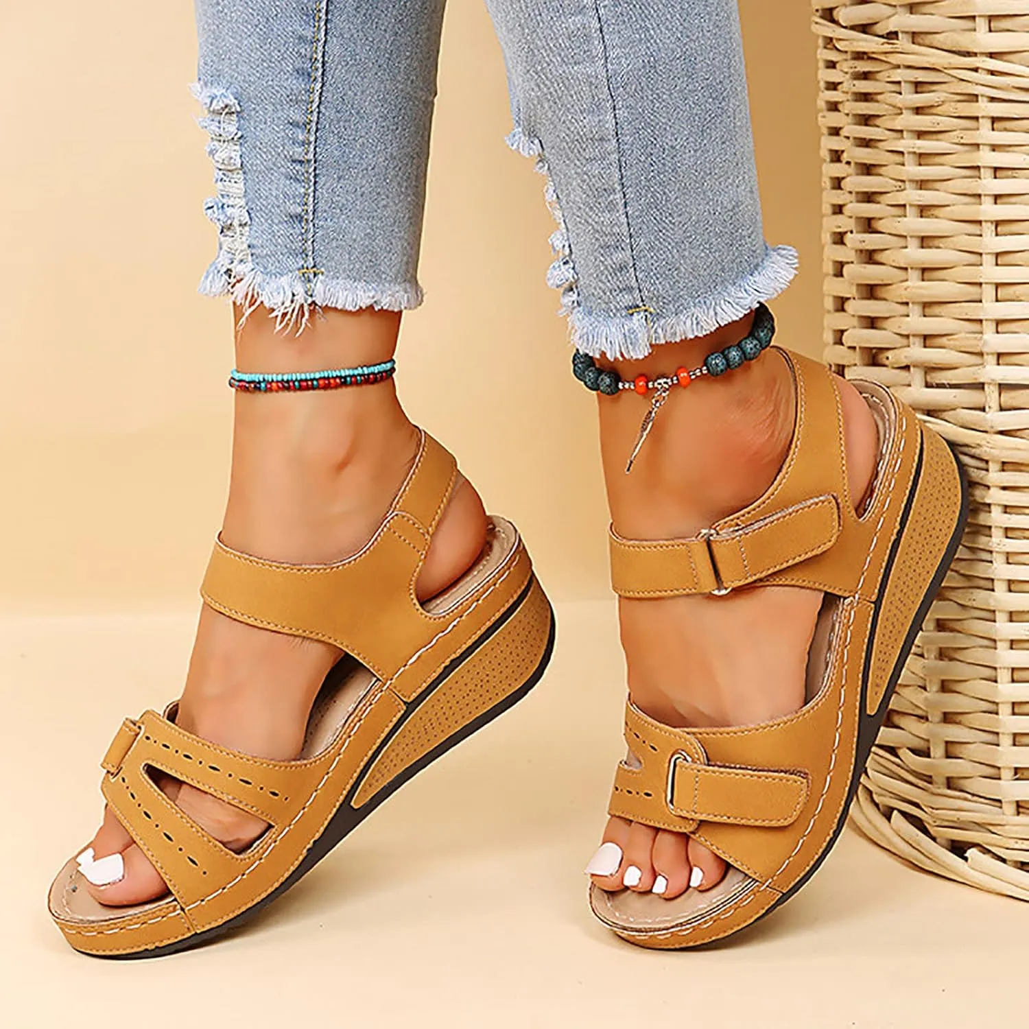 Orthopedic Sandals for Women Arch Support Walking Sandals Dressy Summer Wedge Sandals 2025 Flip Flops Casual Boho Slip on Shoes Comfortable Outdoor Shoes Open Toe Beach Vacation