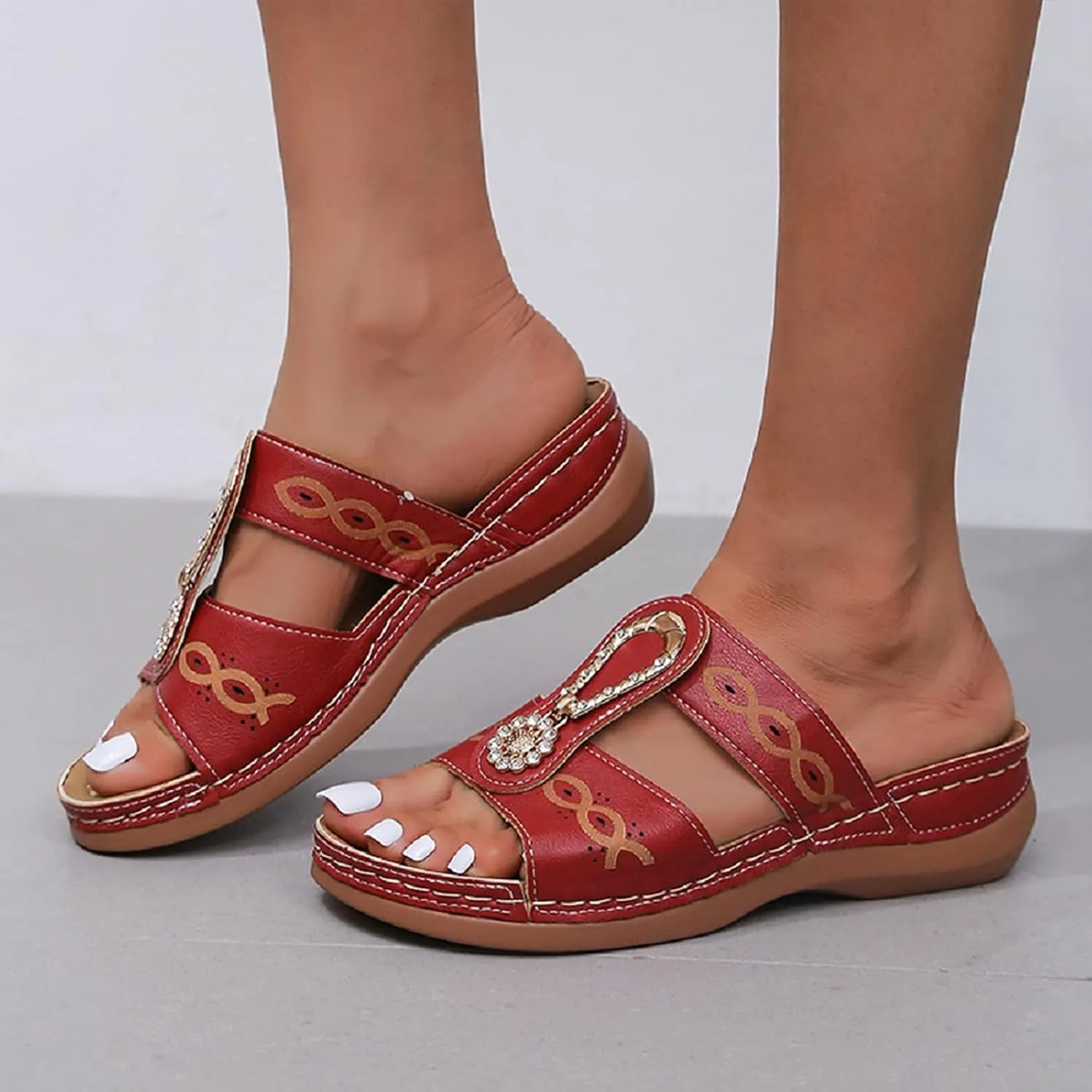 Orthopedic Sandals for Women Arch Support Wedge Sandals, Fashion Rhinestone Beaded Bohemian Sandal Platform Slip On Slippers Walking Comfortable Slides Beach Shoes