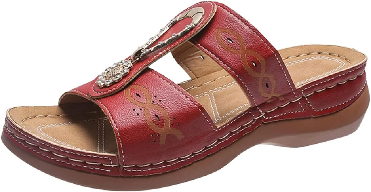 Orthopedic Sandals for Women Arch Support Wedge Sandals, Fashion Rhinestone Beaded Bohemian Sandal Platform Slip On Slippers Walking Comfortable Slides Beach Shoes
