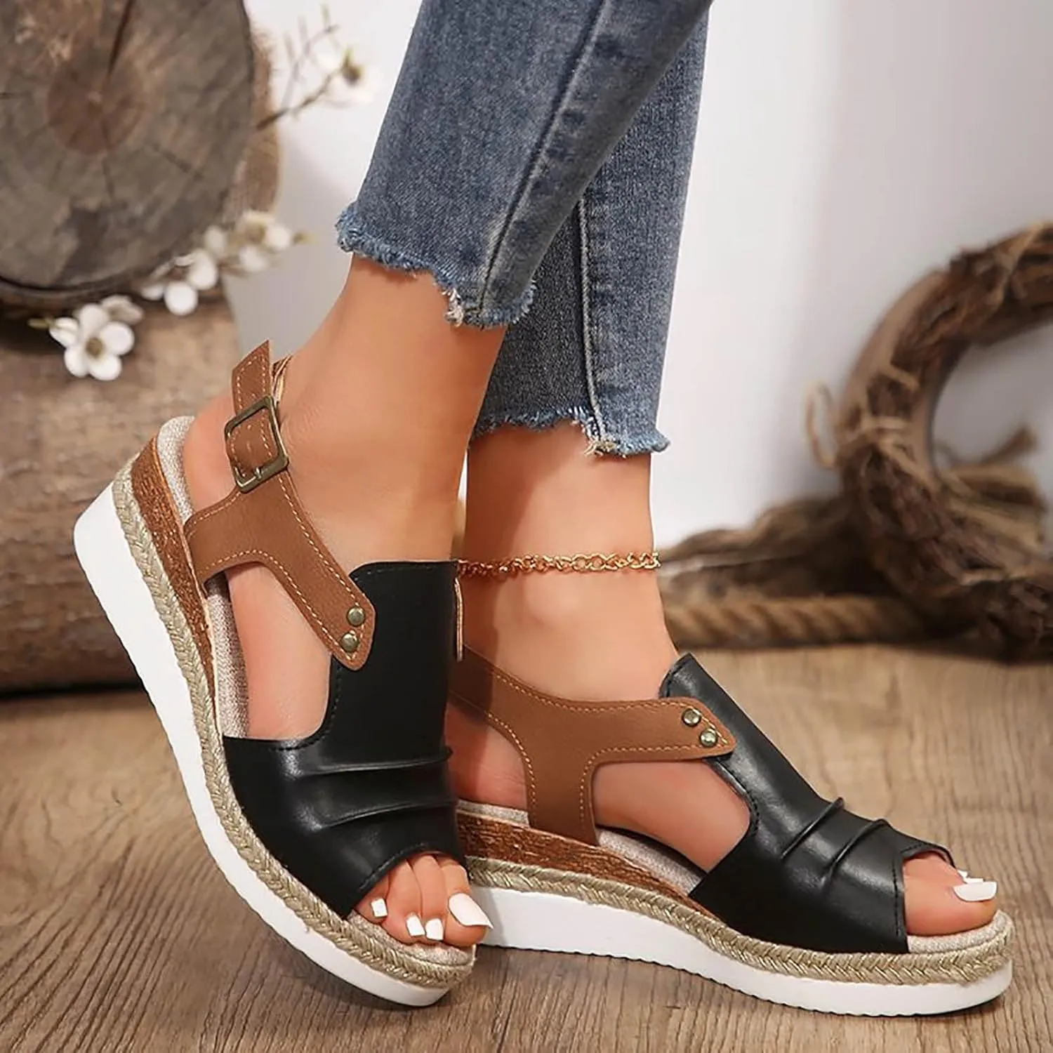 Orthopedic Sandals for Women,Women Walking Slippers with Arch Support Wedge Sandals Summer Dressy Open Toe Ankle Strap Platform Beach Casual Slip on Sandals Beach Dress Comfortable Shoes