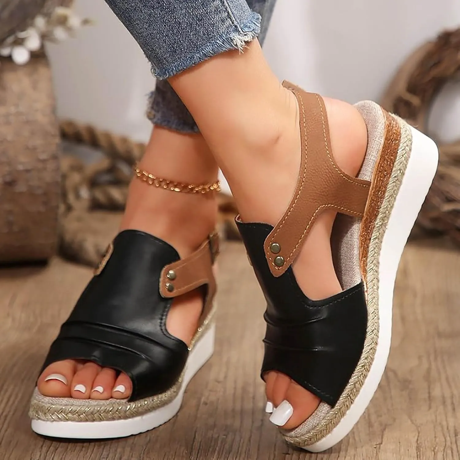 Orthopedic Sandals for Women,Women Walking Slippers with Arch Support Wedge Sandals Summer Dressy Open Toe Ankle Strap Platform Beach Casual Slip on Sandals Beach Dress Comfortable Shoes