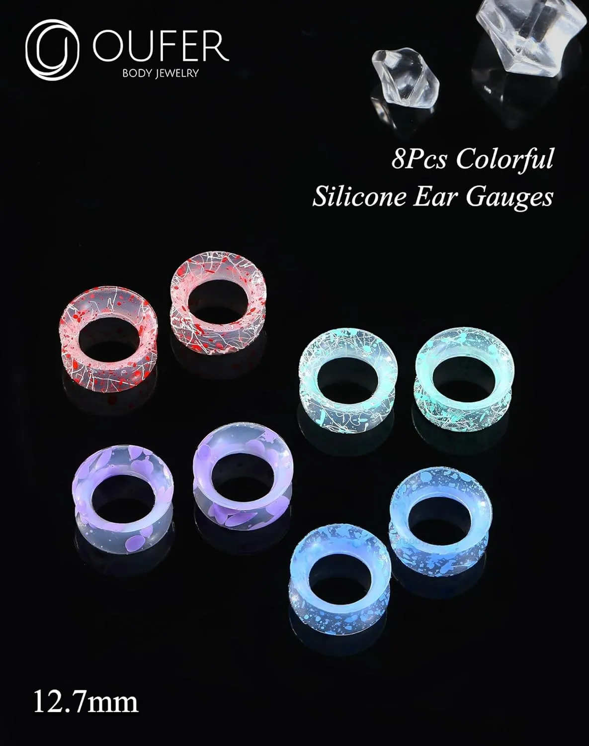 OUFER 8PCS Silicone Tunnels, Flexible Ear Plugs, Colorful Silicone Gauges, Double Flared Flesh Ear Piercing Jewelry