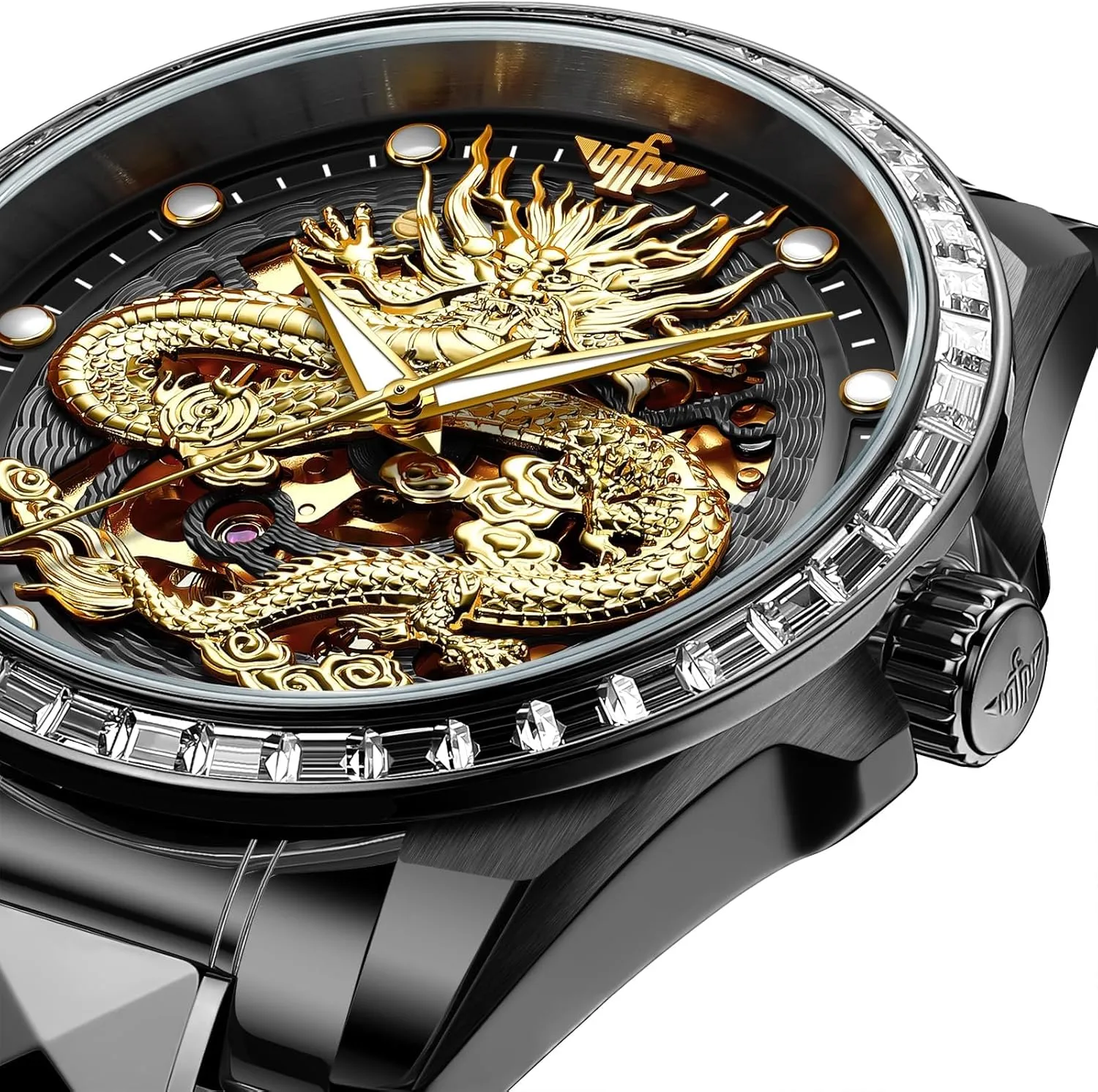 OUPINKE Dragon Skeleton Mens Wrist Watches Luxury Dress Automatic Self Winding Mechanical Sapphire Crystal Diamond Waterproof Luminous Tungsten Steel Band Watches