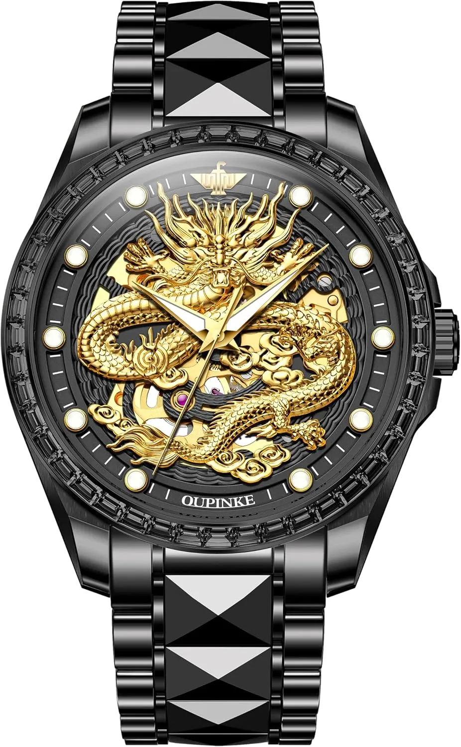 OUPINKE Dragon Skeleton Mens Wrist Watches Luxury Dress Automatic Self Winding Mechanical Sapphire Crystal Diamond Waterproof Luminous Tungsten Steel Band Watches