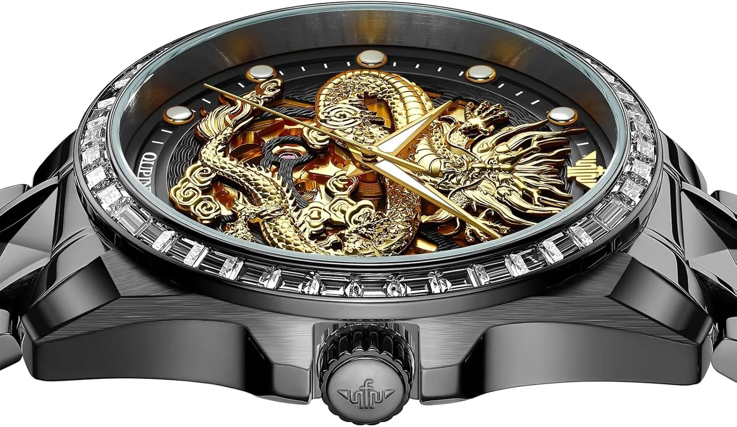 OUPINKE Dragon Skeleton Mens Wrist Watches Luxury Dress Automatic Self Winding Mechanical Sapphire Crystal Diamond Waterproof Luminous Tungsten Steel Band Watches