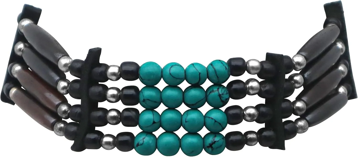 outROAR Gear American Indian Style Bone Choker Necklace, 4 Row Black/Teal Traditional Native Inspired Hairpipe Beads