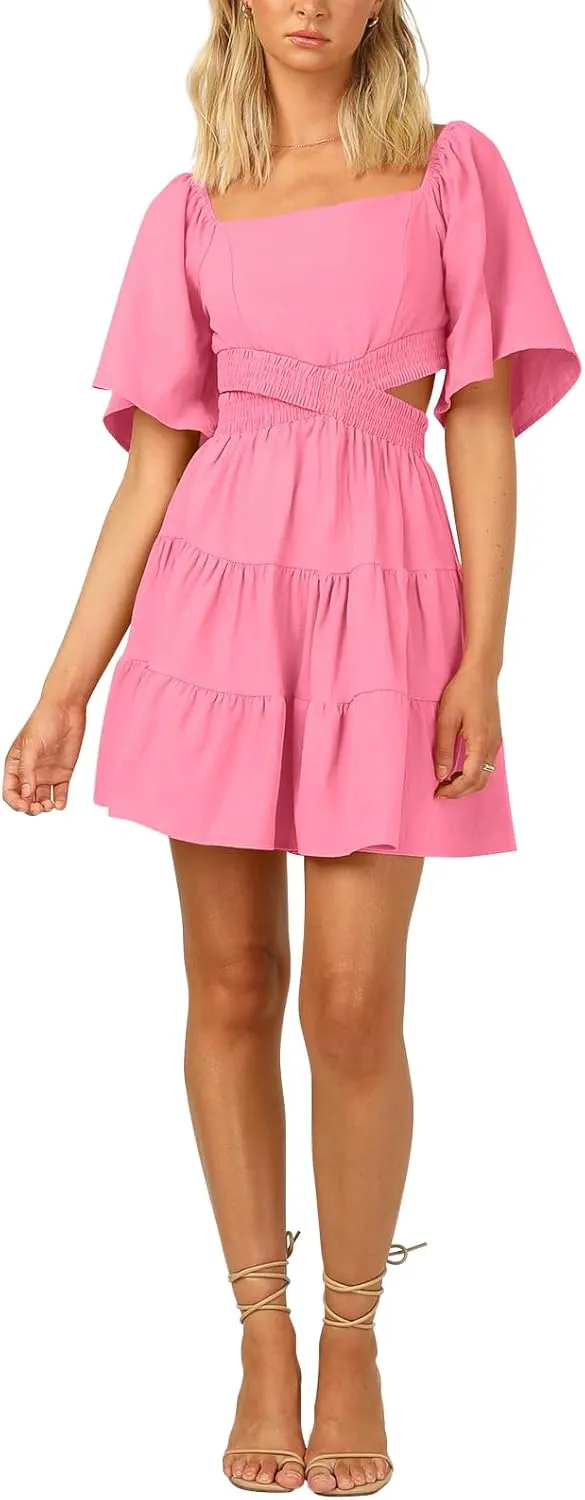OWNGIGI Women's Summer Dresses Square Neck Short Sleeve Cutout Crossover Elastic Waist Casual Party A-Line Mini Dress